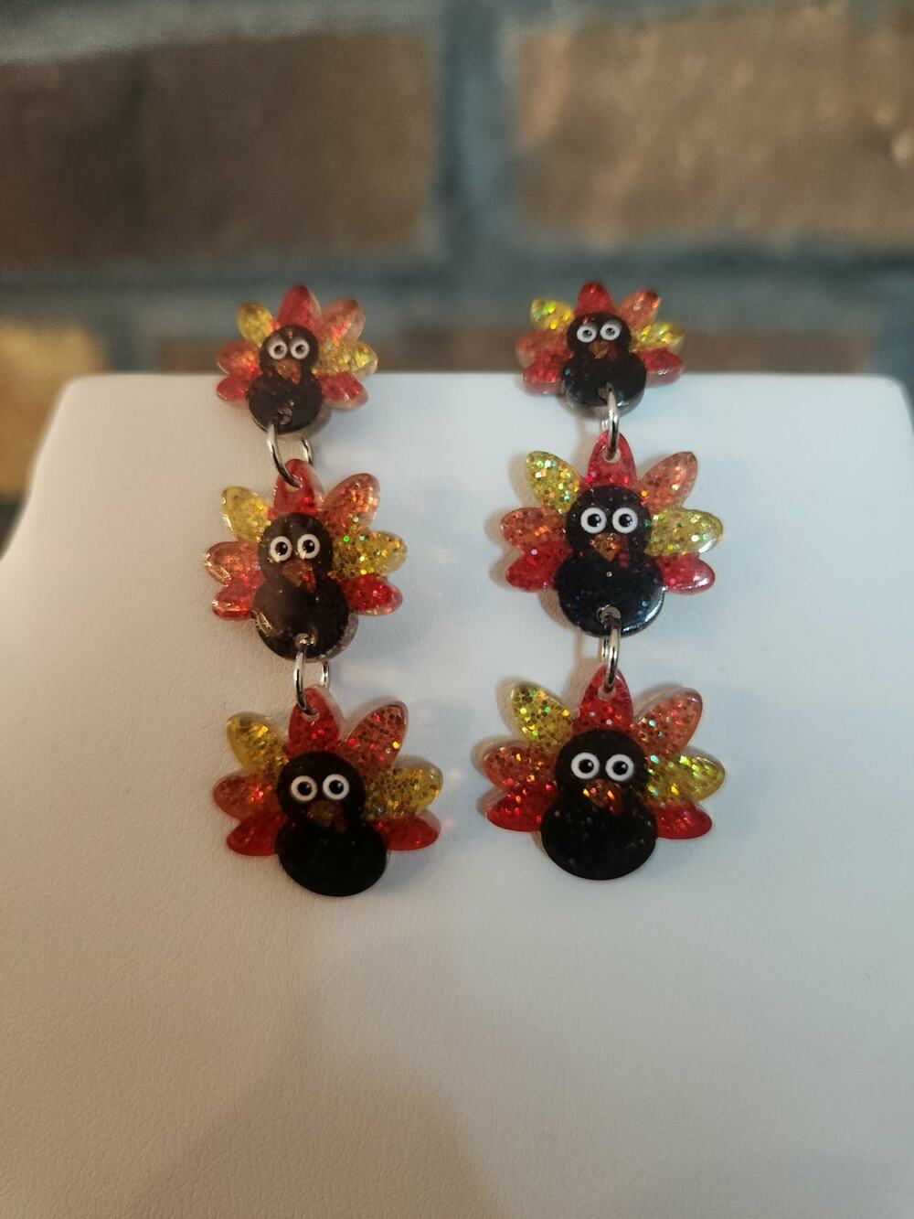 Festive Triple Tier Glitter Turkey Dangle Earrings Fall Color Thanksgiving